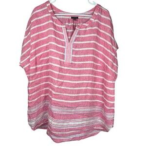 Talbots Plus 2X Linen Tunic Top‎ Pink White Stripe Coastal Resort Beach Blouse